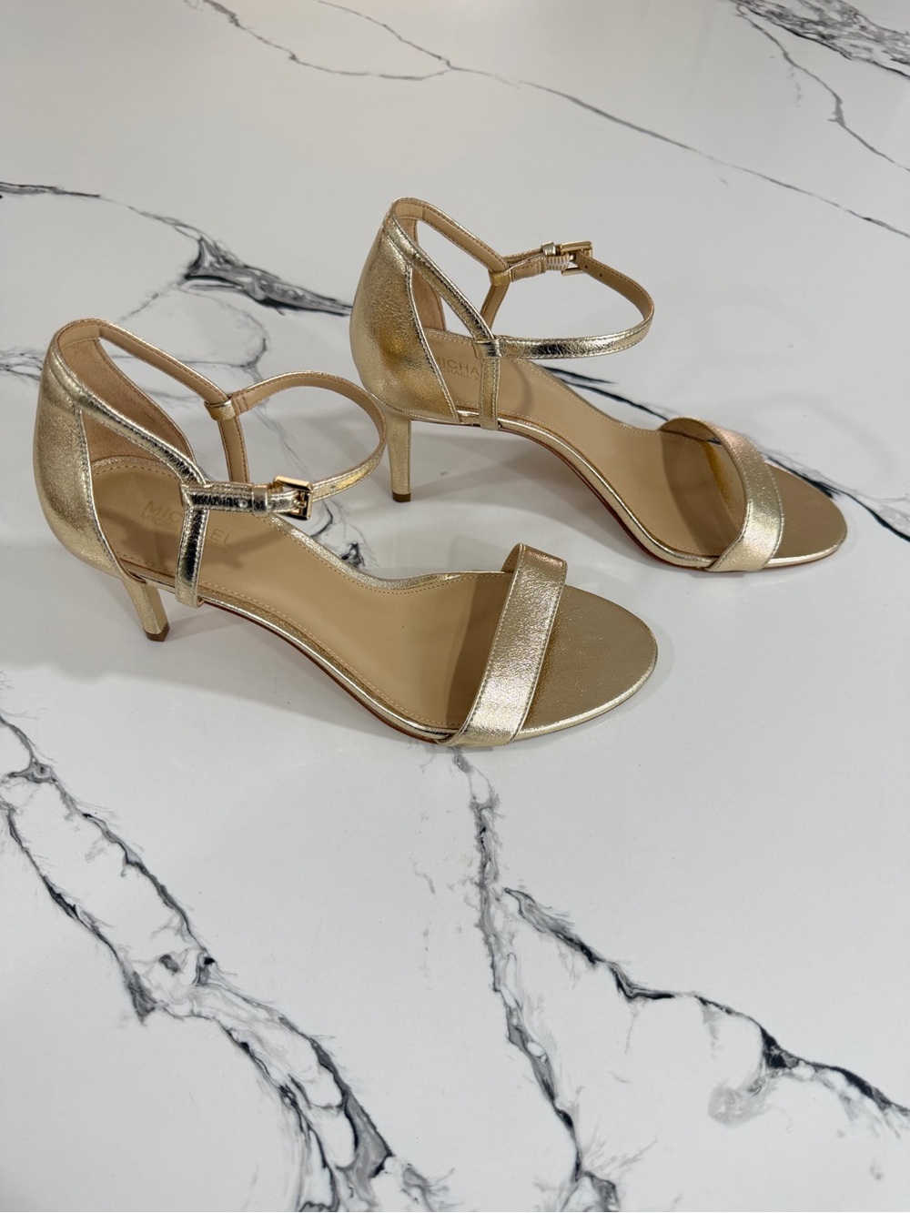 Michael Kors Metallic Gold Open-Toe Ankle-Strap Kitten Heels
